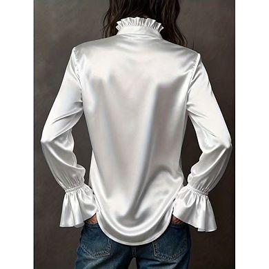 Women's Satin Button-Down Blouse, Ruffle Collar Bell Sleeve Dress Shirt