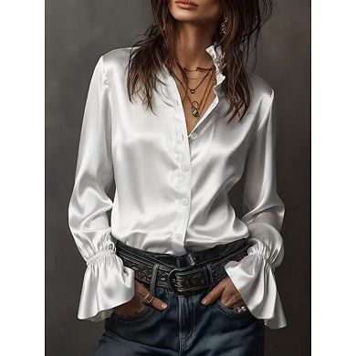 Women's Satin Button-Down Blouse, Ruffle Collar Bell Sleeve Dress Shirt
