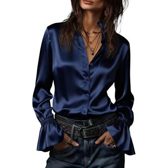 Women's Satin Button-Down Blouse, Ruffle Collar Bell Sleeve Dress Shirt