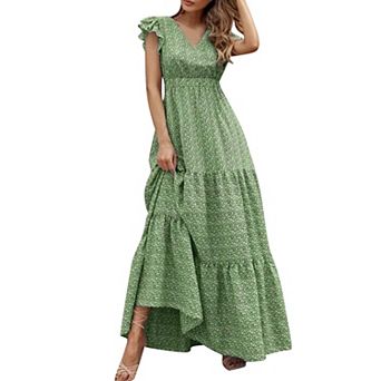 Womens Summer Casual Dresses Ruffle Sleeve V Neck Midi Dress Flowy Tiered Boho Sundresses