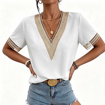 Women's Casual Contrast Lace V Neck Top, Short Sleeve Loose Fit Summer Blouse