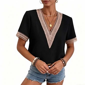 Women's Casual Contrast Lace V Neck Top, Short Sleeve Loose Fit Summer Blouse