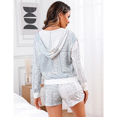 Women's Two Piece Hoodie Long Sleeve Shorts Loungewear Set with Pockets
