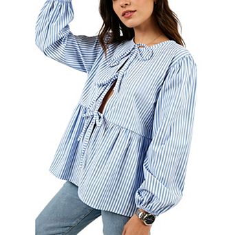 Women's Striped Peplum Blouse, Long Sleeve Tie Neck Casual Babydoll Shirt