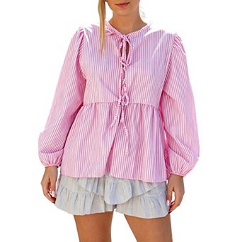Women's Striped Peplum Blouse, Long Sleeve Tie Neck Casual Babydoll Shirt