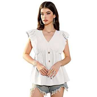 Women's V Neck Ruffle Sleeve Blouse, Casual Button Down Babydoll Peplum Tops for Daily Casual Wear
