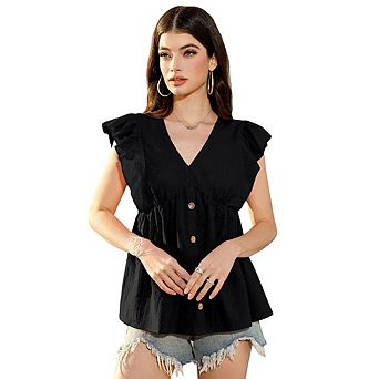 Women's V Neck Ruffle Sleeve Blouse, Casual Button Down Babydoll Peplum Tops for Daily Casual Wear