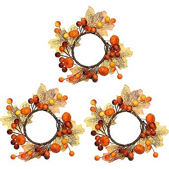 Fall Candle Rings Wreaths, Maple Leaf Pumpkin Candle Rings, Mini Autumn Harvest Decor, Set of 3