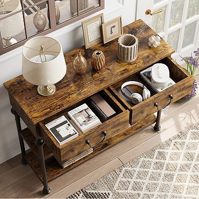Slim Entryway Console Table with Dual Drawers & 2-Tier Open Shelving, Metal Frame Sofa Table