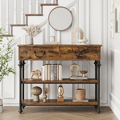 Slim Entryway Console Table with Dual Drawers & 2-Tier Open Shelving, Metal Frame Sofa Table