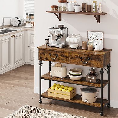 Slim Entryway Console Table with Dual Drawers & 2-Tier Open Shelving, Metal Frame Sofa Table