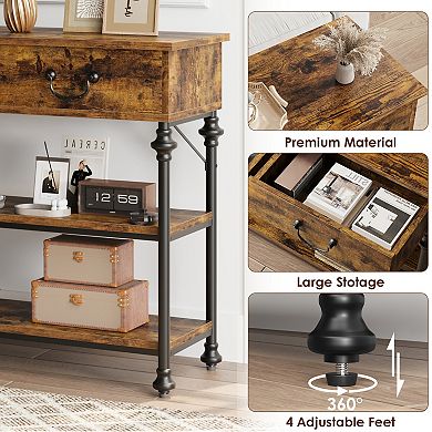 Slim Entryway Console Table with Dual Drawers & 2-Tier Open Shelving, Metal Frame Sofa Table