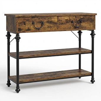 Slim Entryway Console Table with Dual Drawers & 2 tier Open Shelving, Metal Frame Sofa Table