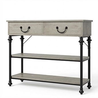Slim Entryway Console Table with Dual Drawers & 2 tier Open Shelving, Metal Frame Sofa Table