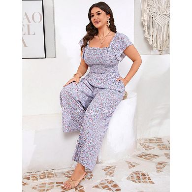 Women's Plus Size Square Neck Short Sleeve Jumpsuit
