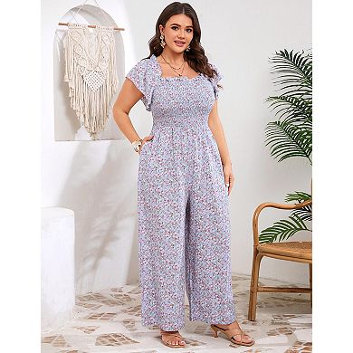 Women's Plus Size Square Neck Short Sleeve Jumpsuit