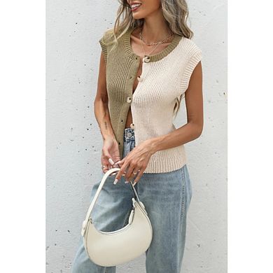 Women's Rib Knit Sleeveless Top Color Block Button Down Crew Neck Vest