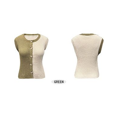 Women's Rib Knit Sleeveless Top Color Block Button Down Crew Neck Vest
