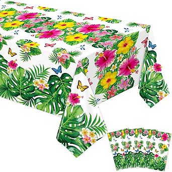 Hawaiian Luau Tablecloths, waterproof tropical plastic party covers, 4 pack