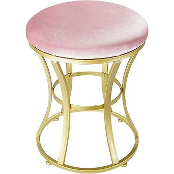 Pink Velvet Round Vanity Stool, Padded Footstool, Gold Metal Legs