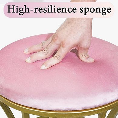 Pink Velvet Round Vanity Stool, Padded Footstool, Gold Metal Legs