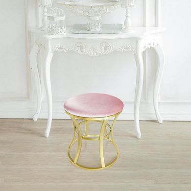 Pink Velvet Round Vanity Stool, Padded Footstool, Gold Metal Legs