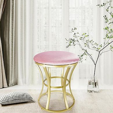 Pink Velvet Round Vanity Stool, Padded Footstool, Gold Metal Legs