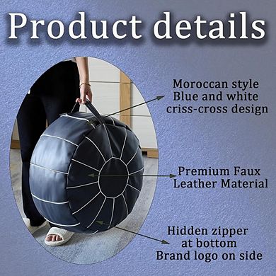 Faux Leather Pouf Ottoman Cover, Moroccan Style, Round Footstool