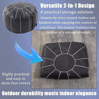 Faux Leather Pouf Ottoman Cover, Moroccan Style, Round Footstool