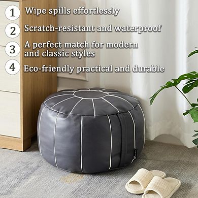 Faux Leather Pouf Ottoman Cover, Moroccan Style, Round Footstool