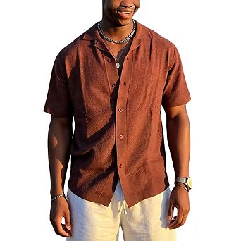 Men Textured Short Sleeve Button-Up Shirt Casual Camp Collar Top