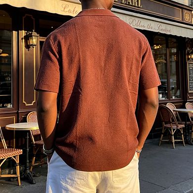 Men Textured Short Sleeve Button-Up Shirt Casual Camp Collar Top