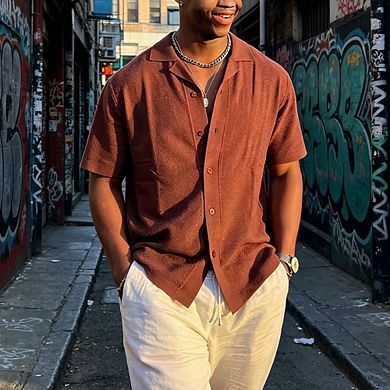 Men Textured Short Sleeve Button-Up Shirt Casual Camp Collar Top