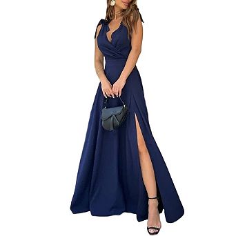 Women Deep V Neck Sleeveless Slit Maxi Dresses Summer Elegant Solid High Waist Party Dress