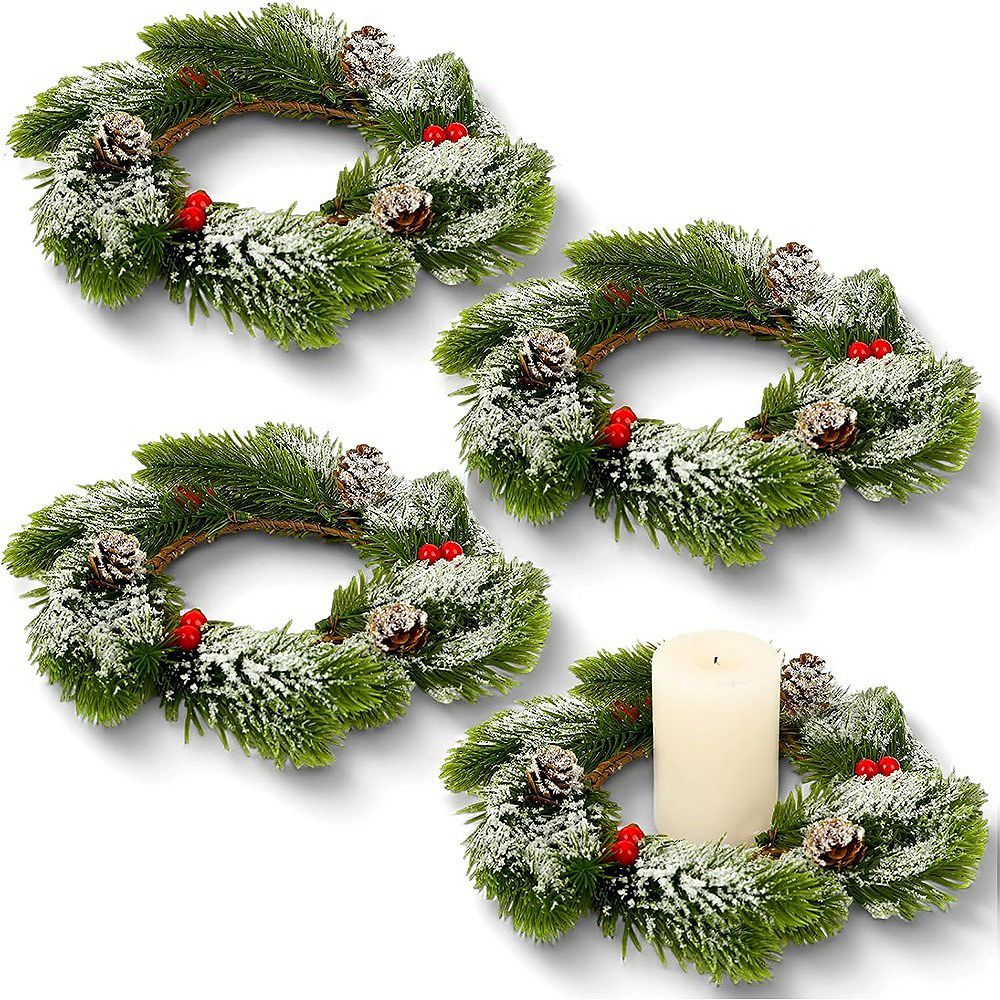 Christmas Candle Rings, Red Berry Pine Needle Mini Wreaths, Small ...
