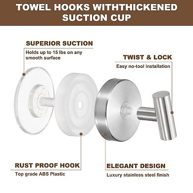 2Pcs Stainless Steel Suction Cup Hook, No Drill Towel Hooks