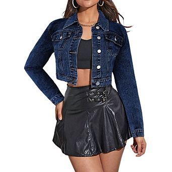 Women's Cropped Denim Jacket Long Sleeve Button-Down Classic Jean Jacket