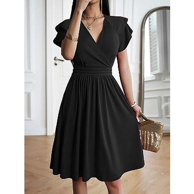 Women's V-Neck Double Layer Sleeve Pleated Dress - Comfortable