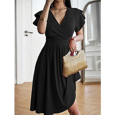 Women's V-Neck Double Layer Sleeve Pleated Dress - Comfortable