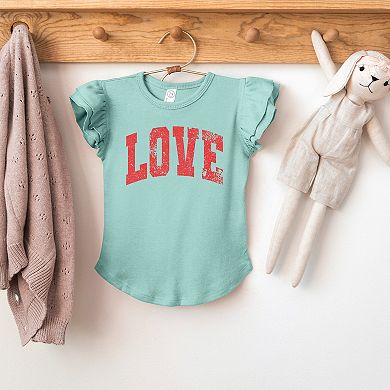 Love Varsity Arched Distressed - Flutter Sleeve Graphic T-Shirt