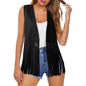 Women's Tassel Denim Vest Sleeveless Hollow Faux Suede Hippie Style Outerwear