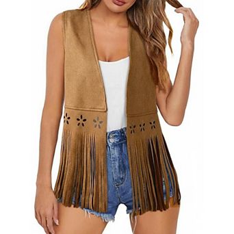 Women's Tassel Denim Vest Sleeveless Hollow Faux Suede Hippie Style Outerwear