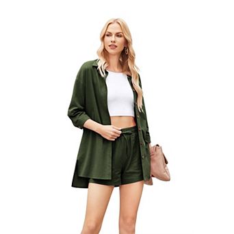 Zeagoo Women 2 pc Lounge Tracksuit Outfit Sets Cotton Linen Shirt and Casual Shorts Set