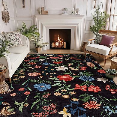 Floral Area Rugs Washable, Non Slip Low Pile Boho Indoor Rug