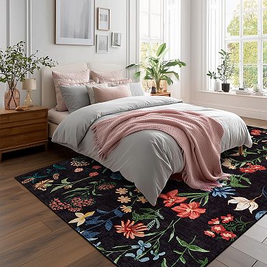 Floral Area Rugs Washable, Non Slip Low Pile Boho Indoor Rug
