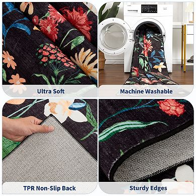 Floral Area Rugs Washable, Non Slip Low Pile Boho Indoor Rug