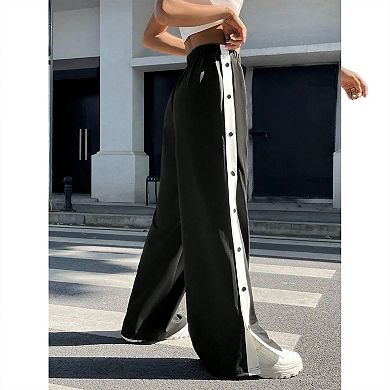 Women's Button Side Track High Waist Long Pants Summer Wide Leg Casual Boho Trousers