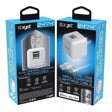 Xyst 2.4-Amp Dual USB Wall Charger With 4Ft Lightning Cable