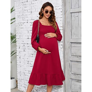Women's Maternity Square Neck Long Sleeve Midi Dress