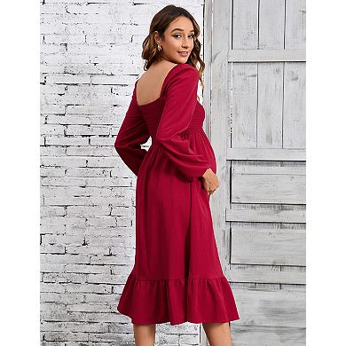 Women's Maternity Square Neck Long Sleeve Midi Dress